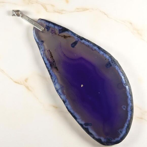 Purple Agate Slice Pendant 2.25" Polished Teardrop Necklace Sterling Bail - Picture 1 of 9